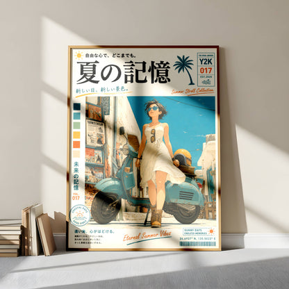 White Dress, Blue Horizons – Y2K Mediterranean Summer Poster, Vintage Scooter Aesthetic, Seaside Escape Wall Art, Coastal Dreamscape