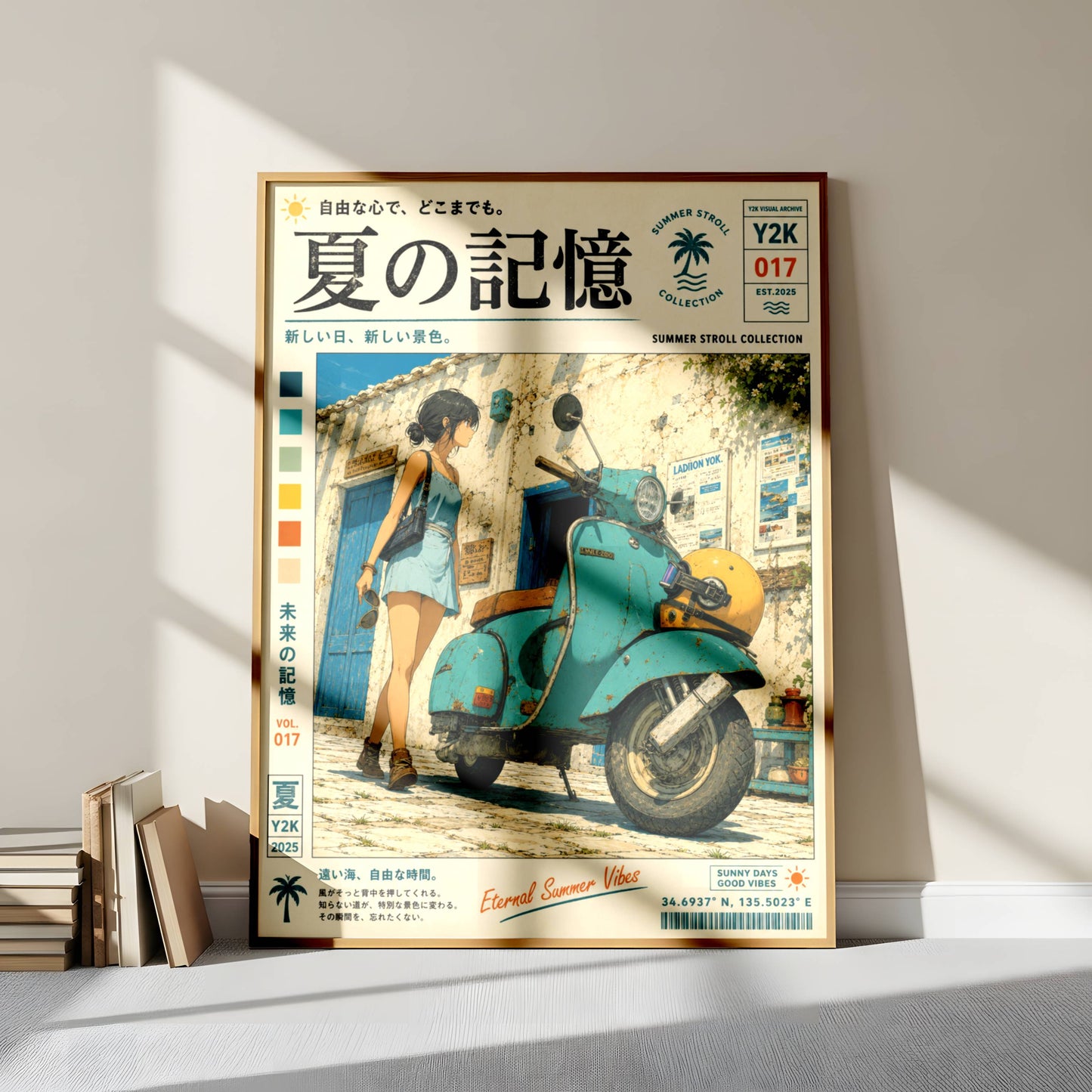 Blue Vespa Afternoon – Y2K Summer Memories Poster, Mediterranean Scooter Girl, Vintage Coastal Street Scene, Retro Travel Print