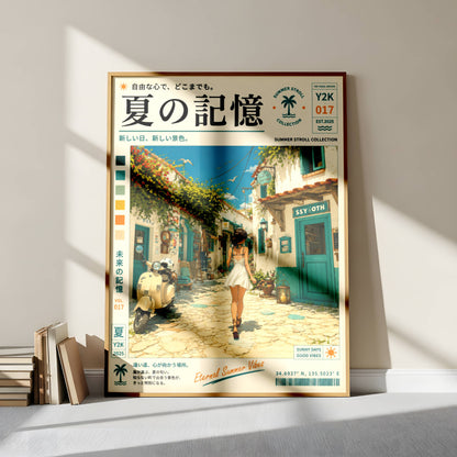 Mediterranean White Streets – Y2K Summer Girl Poster, Sunlit Coastal Village, Vintage Holiday Aesthetic, Seaside Wanderlust Print