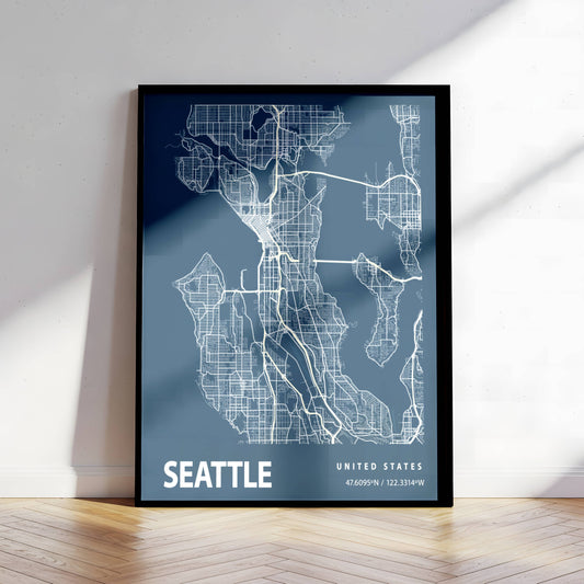 Affiche Blueprint City Map Vintage Seattle – Poster Carte Urbaine Minimaliste sur Papier Mat