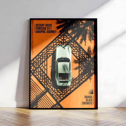 Affiche Porsche 911 Vue Aérienne Vintage – Design Graphique Orange & Noir | Poster Automobile Rétro Premium