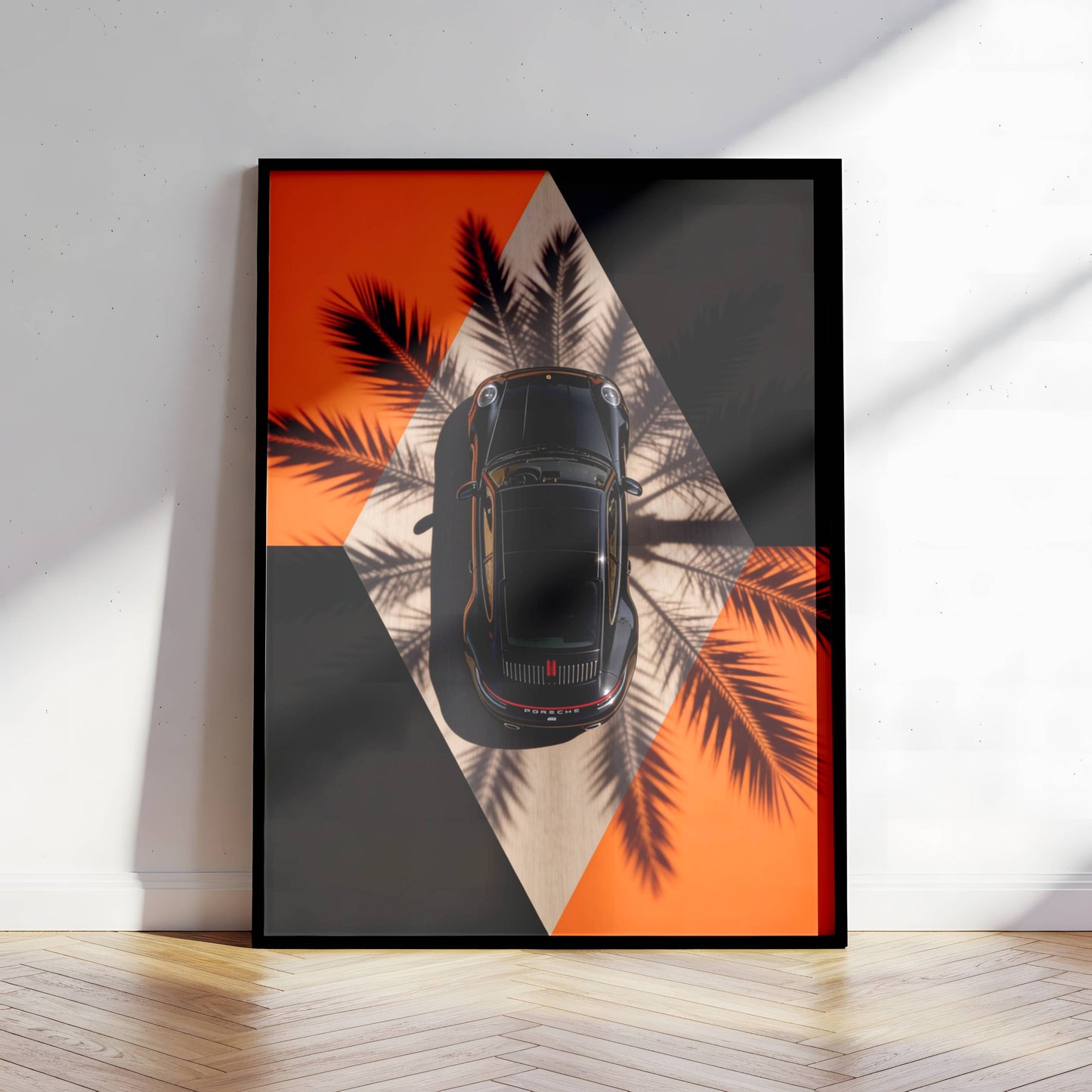 Affiche Porsche Vue Aérienne – Design Graphique Moderne & Ombres de Palmiers | Poster Automobile Premium