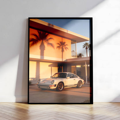 Affiche Porsche Classique devant Villa Moderniste – Architecture de Luxe & Design Rétro | Poster Automobile Premium