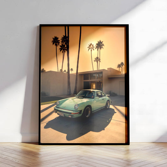 Affiche Porsche 911 devant Villa Moderniste – Architecture Minimaliste & Design Résidentiel de Luxe | Poster Automobile Premium