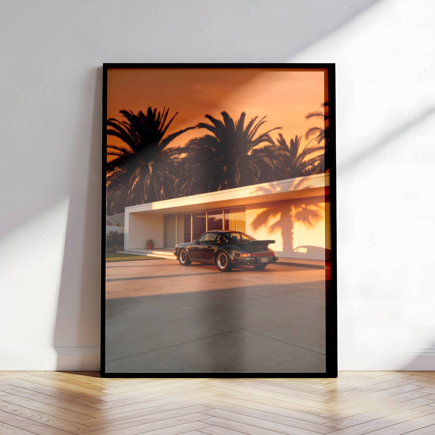 Affiche Porsche 911 au Sunset – Ambiance Cinématographique & Palmiers Tropicaux | Poster Automobile Vintage