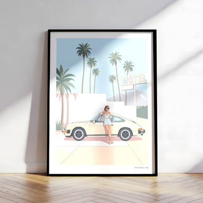 Affiche Porsche Vintage devant Motel Rétro – Californian Dream & Lifestyle Estival | Poster Automobile Chic