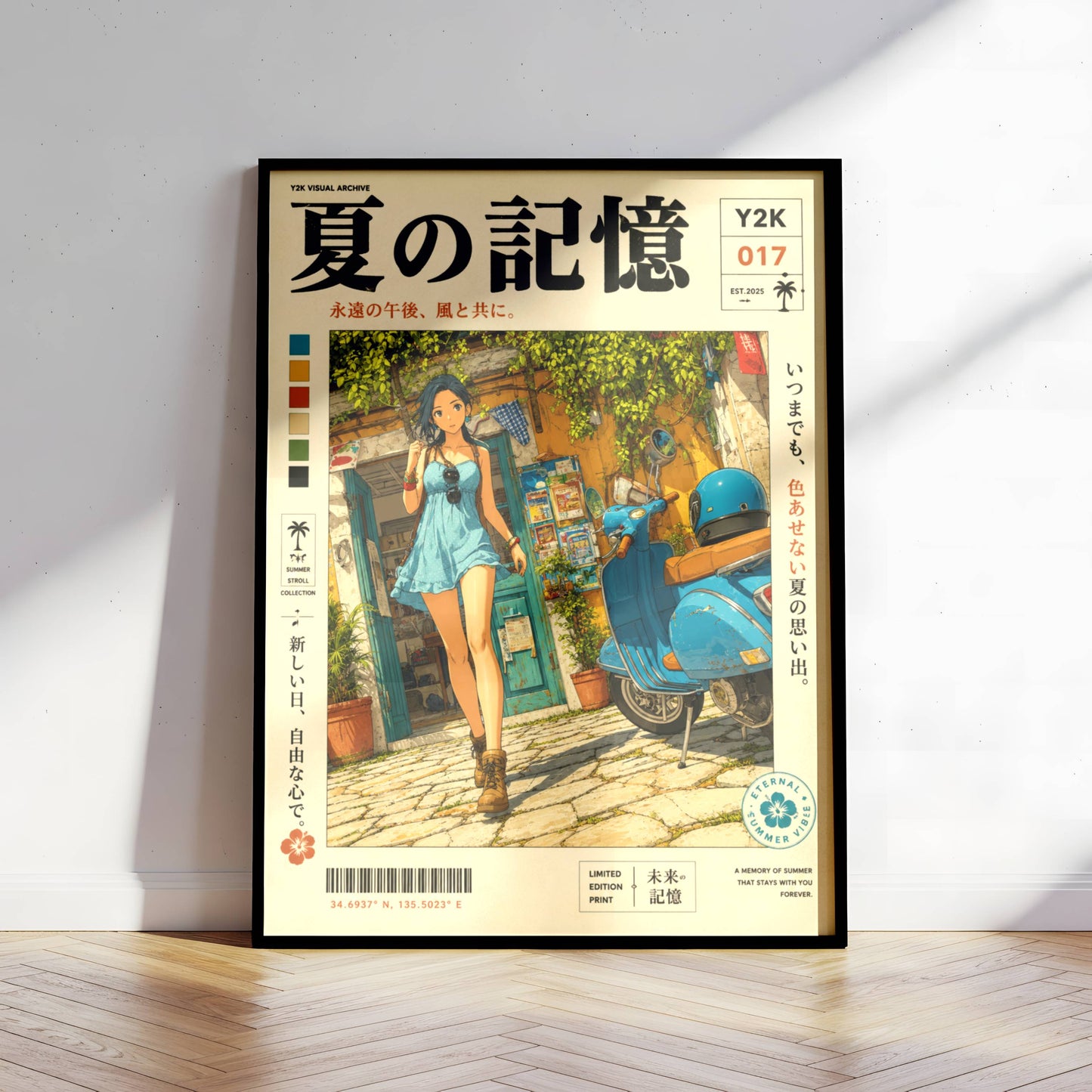 Mediterranean Summer Stroll – Y2K Scooter Girl Poster, Vintage Coastal Village, Anime Aesthetic Wall Art