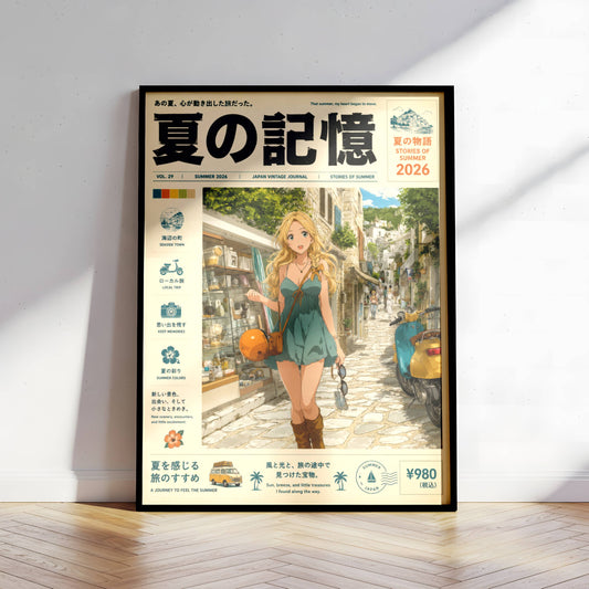 Golden Hour Stroll – Y2K Mediterranean Summer Poster, Blonde Girl in Coastal Village, Vintage Holiday Magazine Cover Art