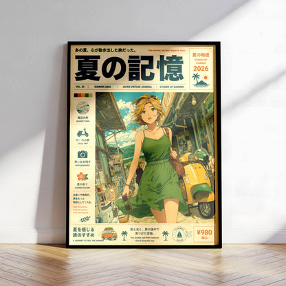 Emerald Summer Runaway – Y2K Coastal Poster, Green Dress Girl & Yellow Vespa, Mediterranean Village Wall Art