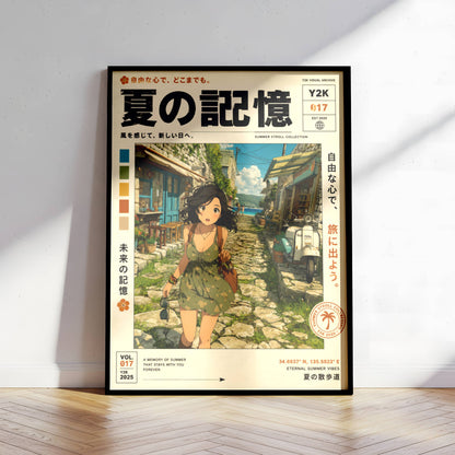 Sunlit Village Dreams – Y2K Summer Girl Poster, Mediterranean Alleyway, Coastal Escape, Retro Anime Wall Art