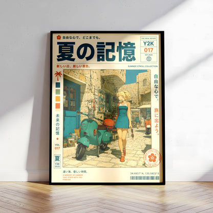 Scooter Rendez-vous – Y2K Summer Girl Poster, Mediterranean Stone Village, Vintage Vespa Aesthetic, Coastal Holiday Wall Art