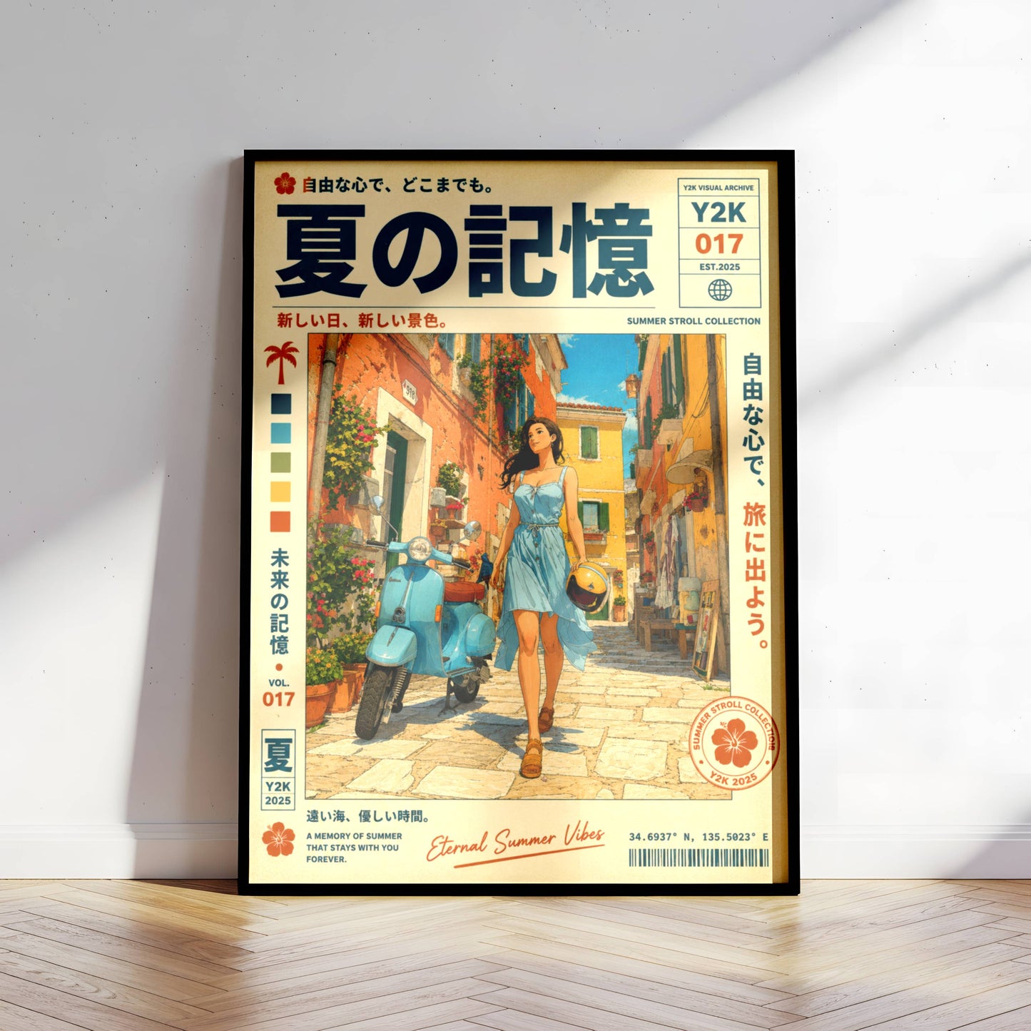 Sunlit Vespa Boulevard – Y2K Mediterranean Summer Poster, Blue Scooter Girl, Coastal Village Wanderlust, Vintage Travel Art
