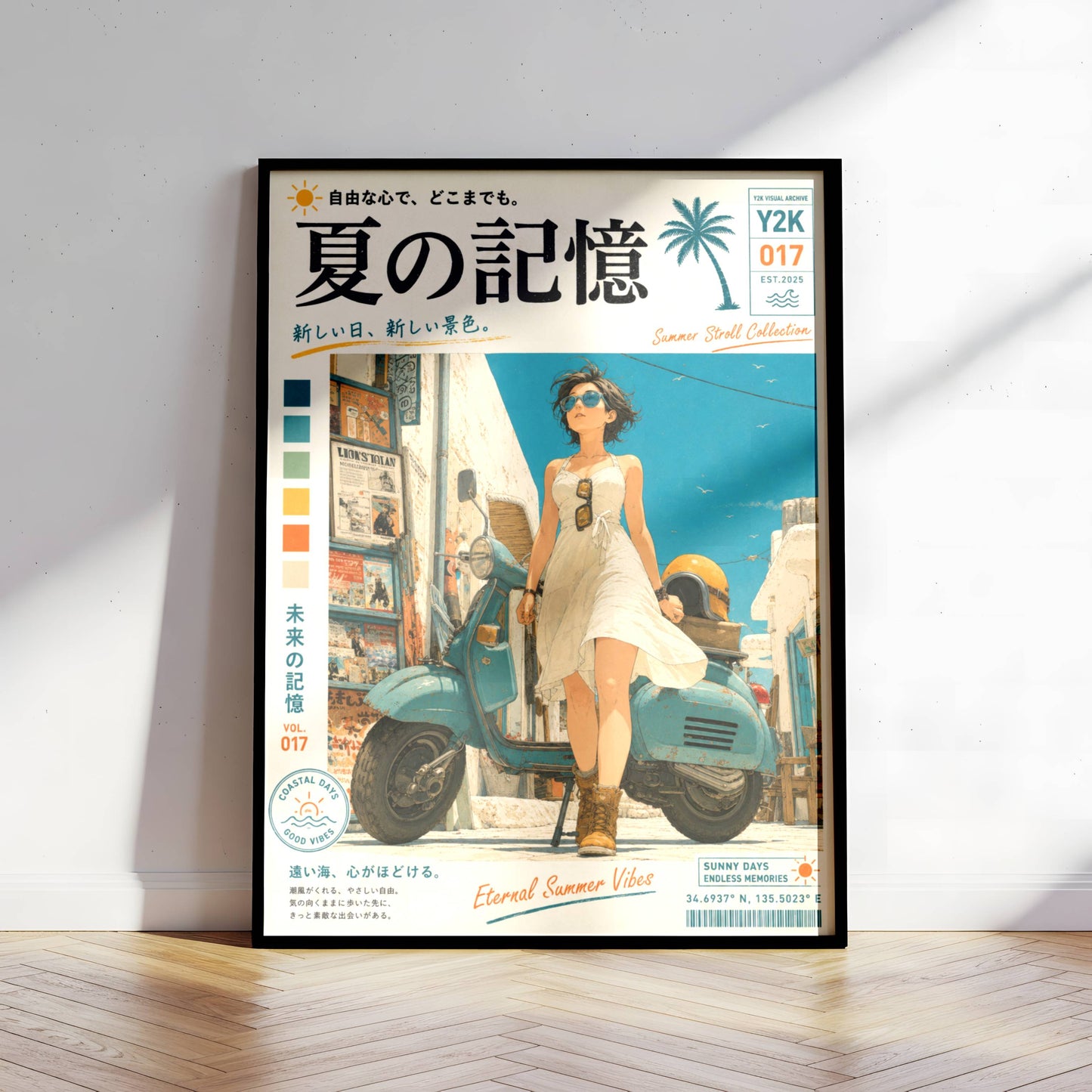 White Dress, Blue Horizons – Y2K Mediterranean Summer Poster, Vintage Scooter Aesthetic, Seaside Escape Wall Art, Coastal Dreamscape