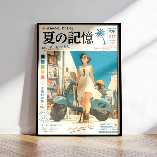 White Dress, Blue Horizons – Y2K Mediterranean Summer Poster, Vintage Scooter Aesthetic, Seaside Escape Wall Art, Coastal Dreamscape