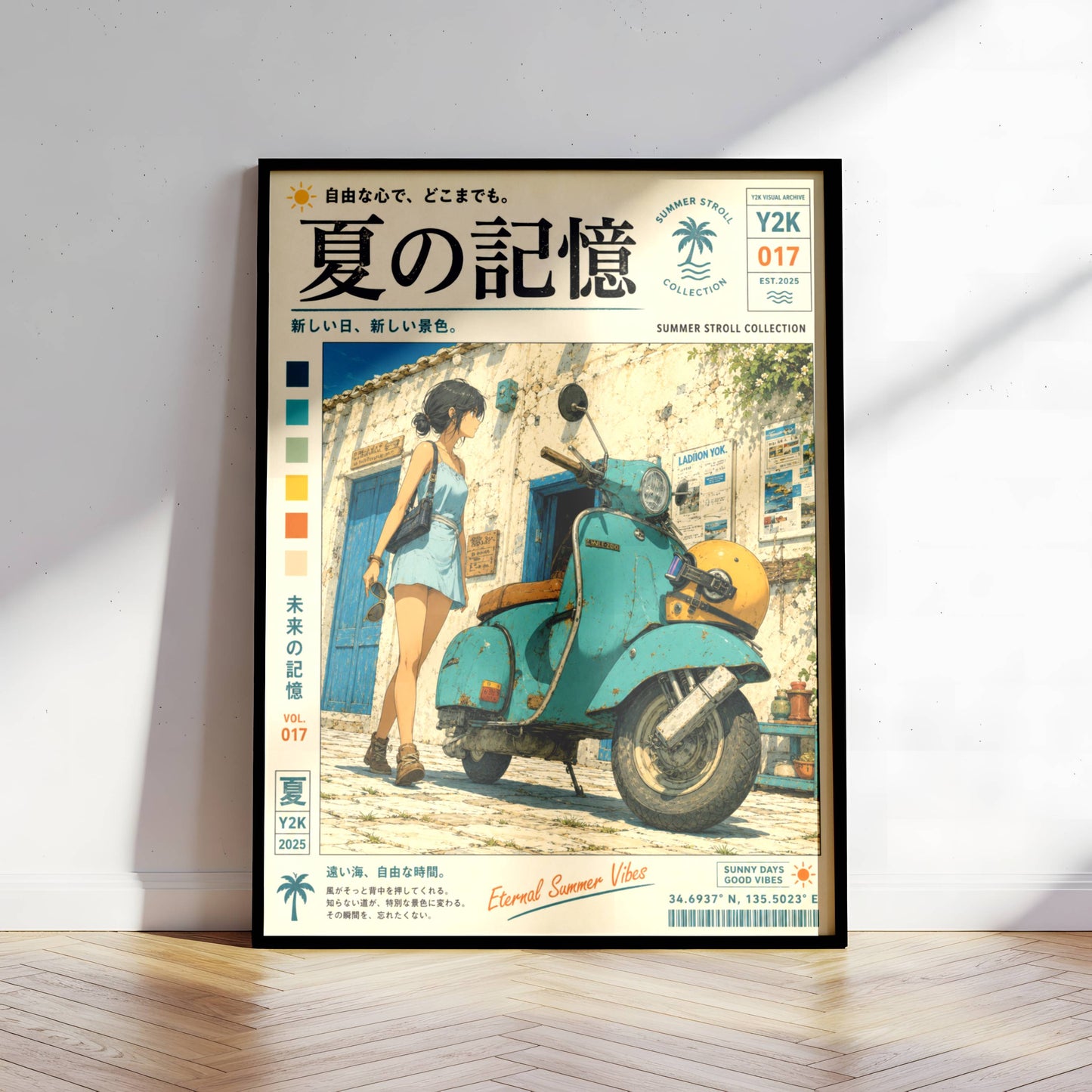 Blue Vespa Afternoon – Y2K Summer Memories Poster, Mediterranean Scooter Girl, Vintage Coastal Street Scene, Retro Travel Print