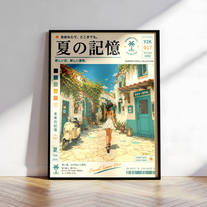 Mediterranean White Streets – Y2K Summer Girl Poster, Sunlit Coastal Village, Vintage Holiday Aesthetic, Seaside Wanderlust Print