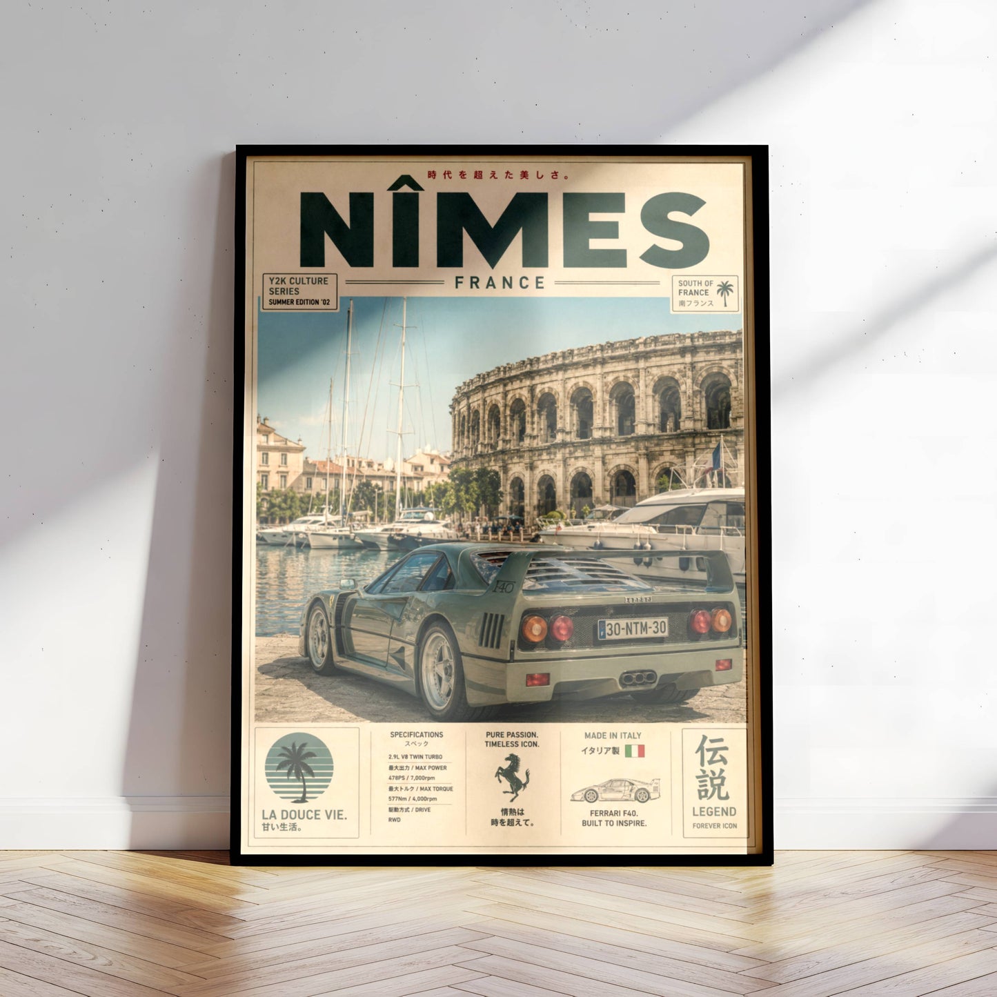 Ferrari F40 Nîmes Vintage Travel Poster – Affiche Automobile Rétro France & Supercar Iconique