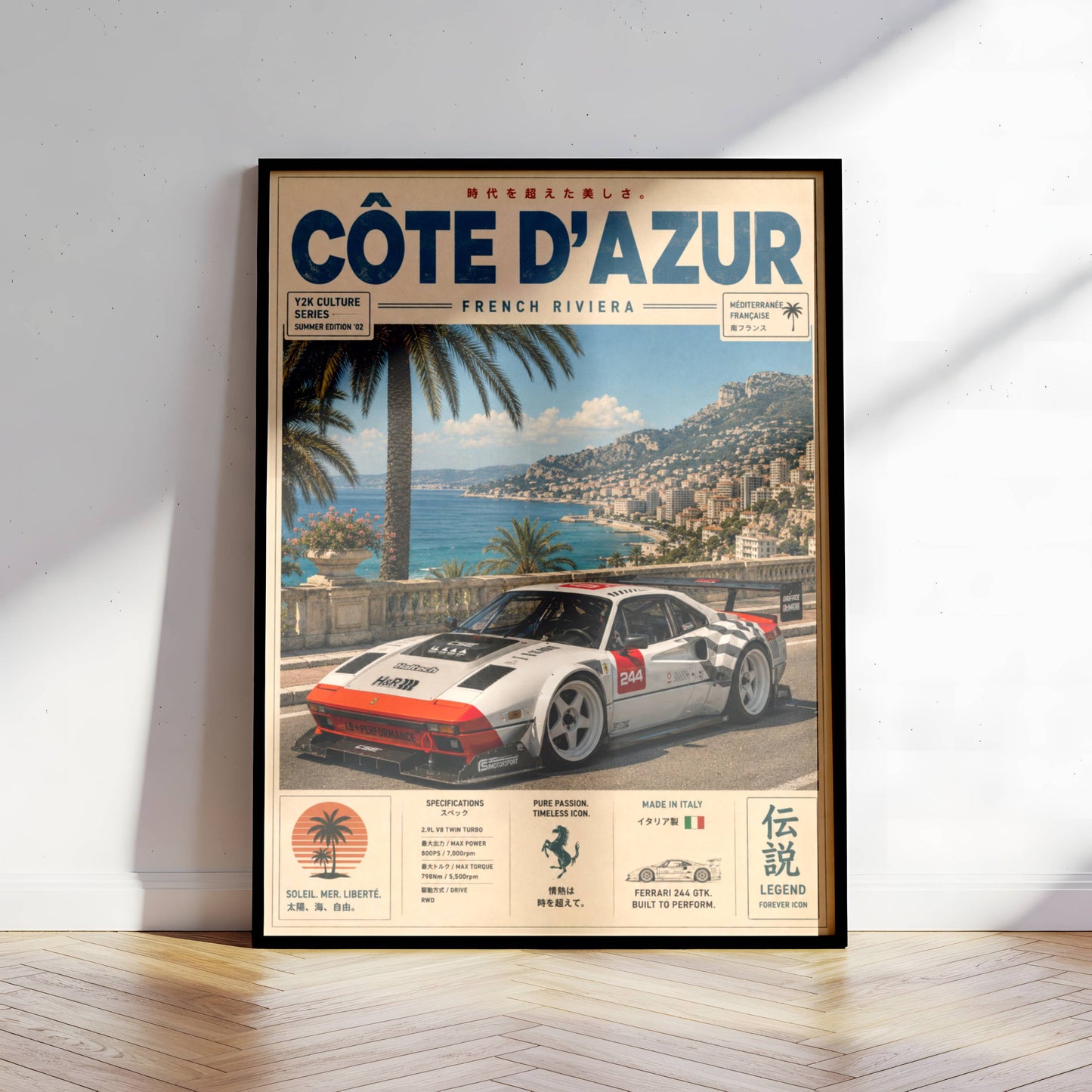 Ferrari 244 GTK Côte d’Azur Poster Vintage – Affiche Riviera Française & Voiture de Collection