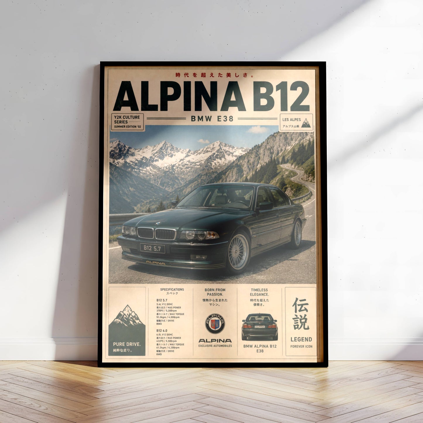 BMW Alpina B12 E38 Mountain Pass Poster – Affiche Automobile Vintage Alpes & Youngtimer de Prestige