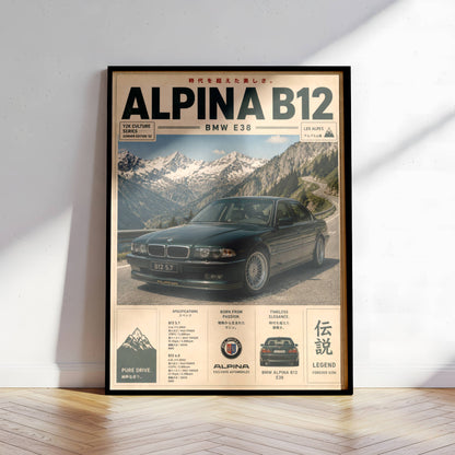 BMW Alpina B12 E38 Mountain Pass Poster – Affiche Automobile Vintage Alpes & Youngtimer de Prestige