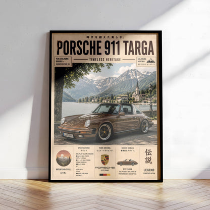 Porsche 911 Targa Alpine Escape Poster – Affiche Vintage Automobile Classique & Paysages de Montagne