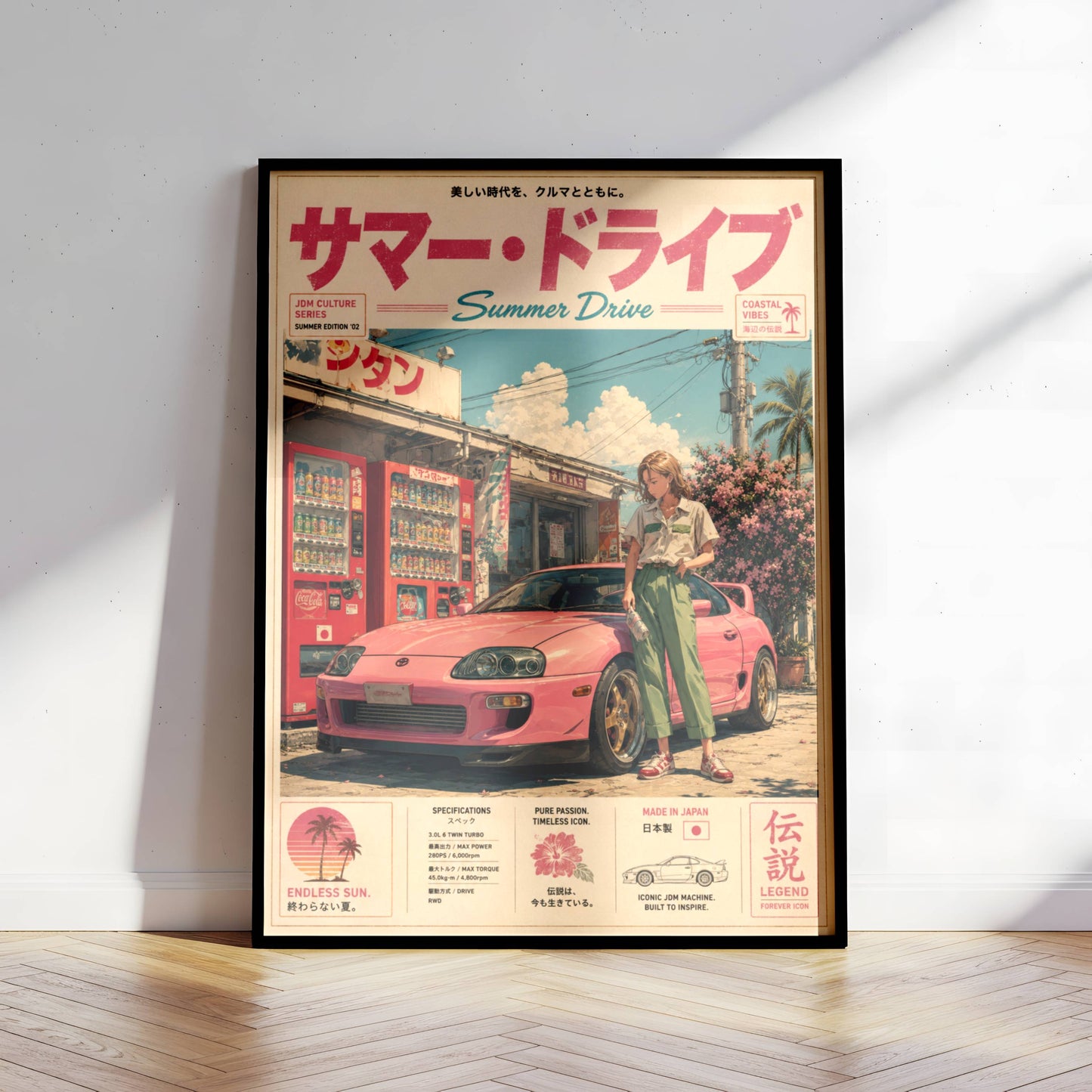 Toyota Supra MK4 Summer Drive Poster – Affiche JDM Japonaise Vintage Rose Style Y2K