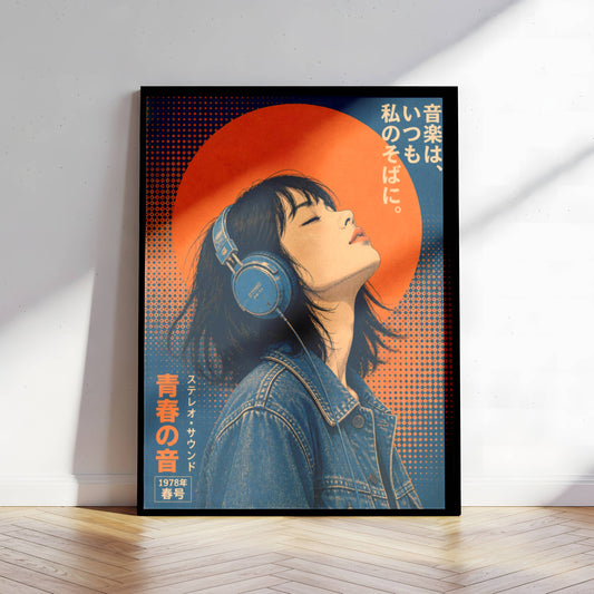 Jeune femme au casque sous le soleil levant | Affiche japonaise vintage, portrait contemporain, décoration murale, art japonais