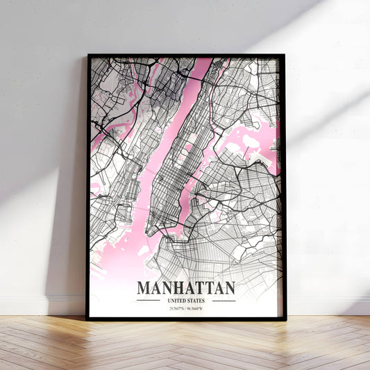 Affiche Carte Ville Minimaliste Manhattan USA Napolitain – Poster Urbain Moderne Rose & Noir | Décoration Murale Papier Mat