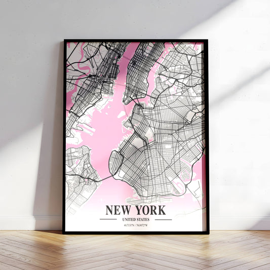 Affiche Carte Ville Minimaliste New York USA Napolitain – Poster Urbain Moderne Rose & Noir | Décoration Murale Papier Mat