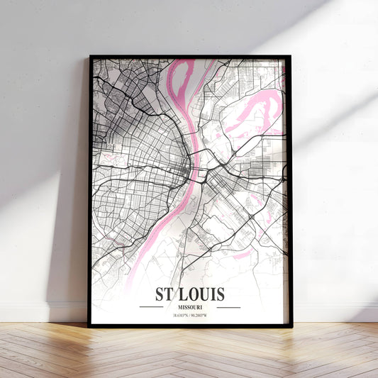Affiche Carte Ville Minimaliste St Louis Missouri Napolitain – Poster Urbain Moderne Rose & Noir | Décoration Murale Papier Mat