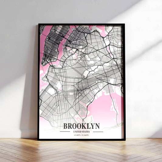 Affiche Carte Ville Minimaliste Brooklyn USA Napolitain – Poster Urbain Moderne Rose & Noir | Décoration Murale Papier Mat