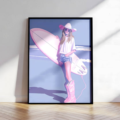 Affiche Surfeuse Vintage sur la Plage – Esprit Surf Bohème et Évasion Côtière | Poster Art Mural