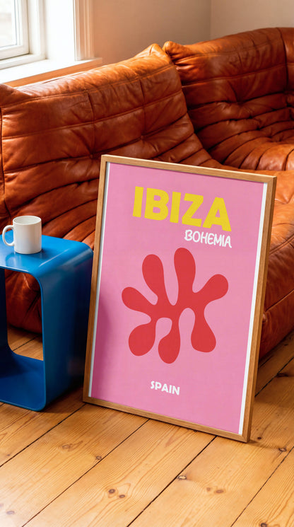 Ibiza Bohemia Poster Pink Wall Art, Ibiza Print, Boho Summer Decor, Framed or Unframed Coastal Artwork