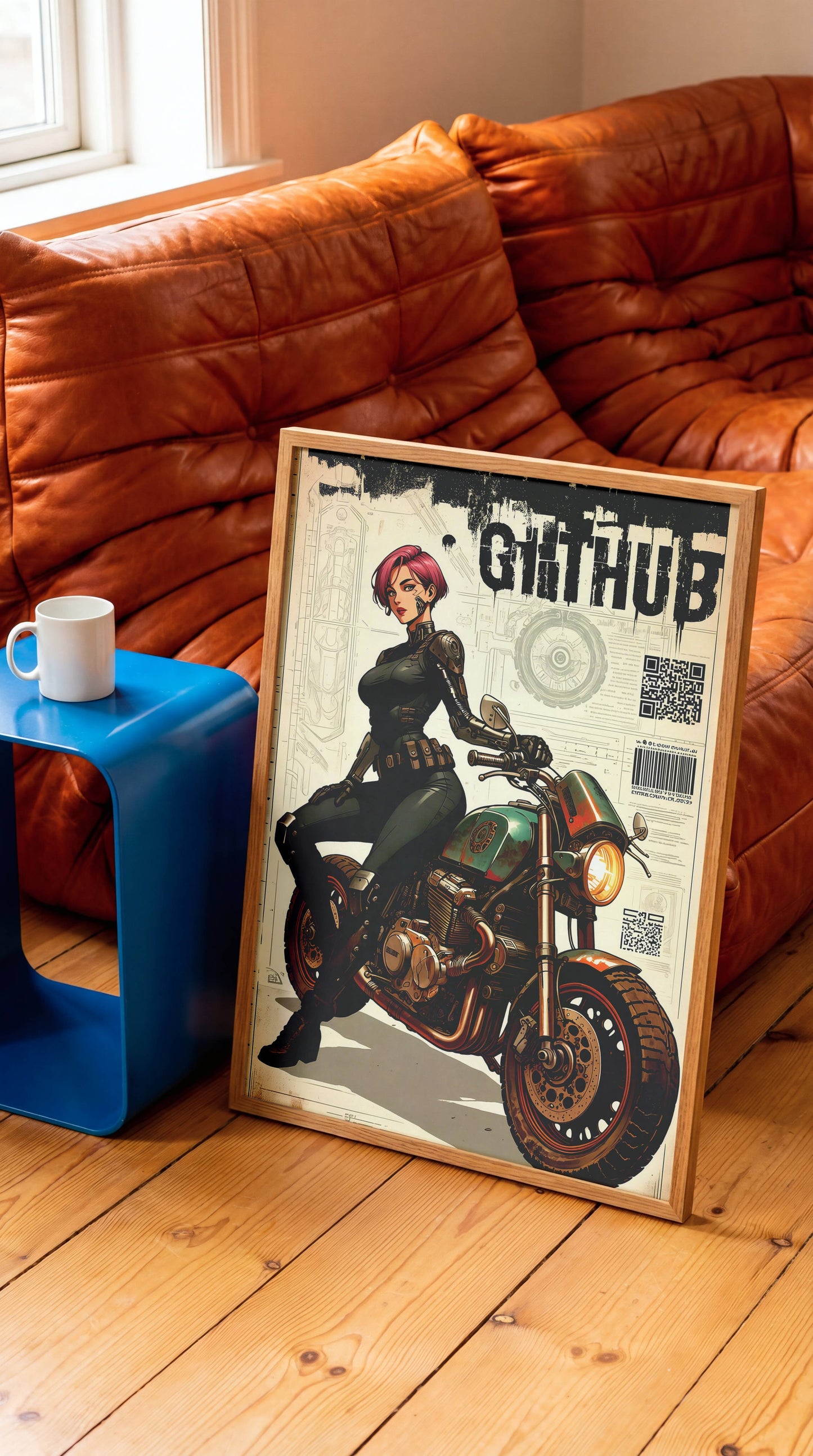 Affiche cyberpunk motarde #3 – poster sci-fi féminin