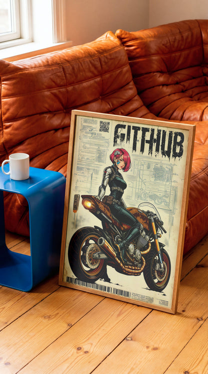 Affiche cyberpunk motarde #5 – illustration futuriste moto