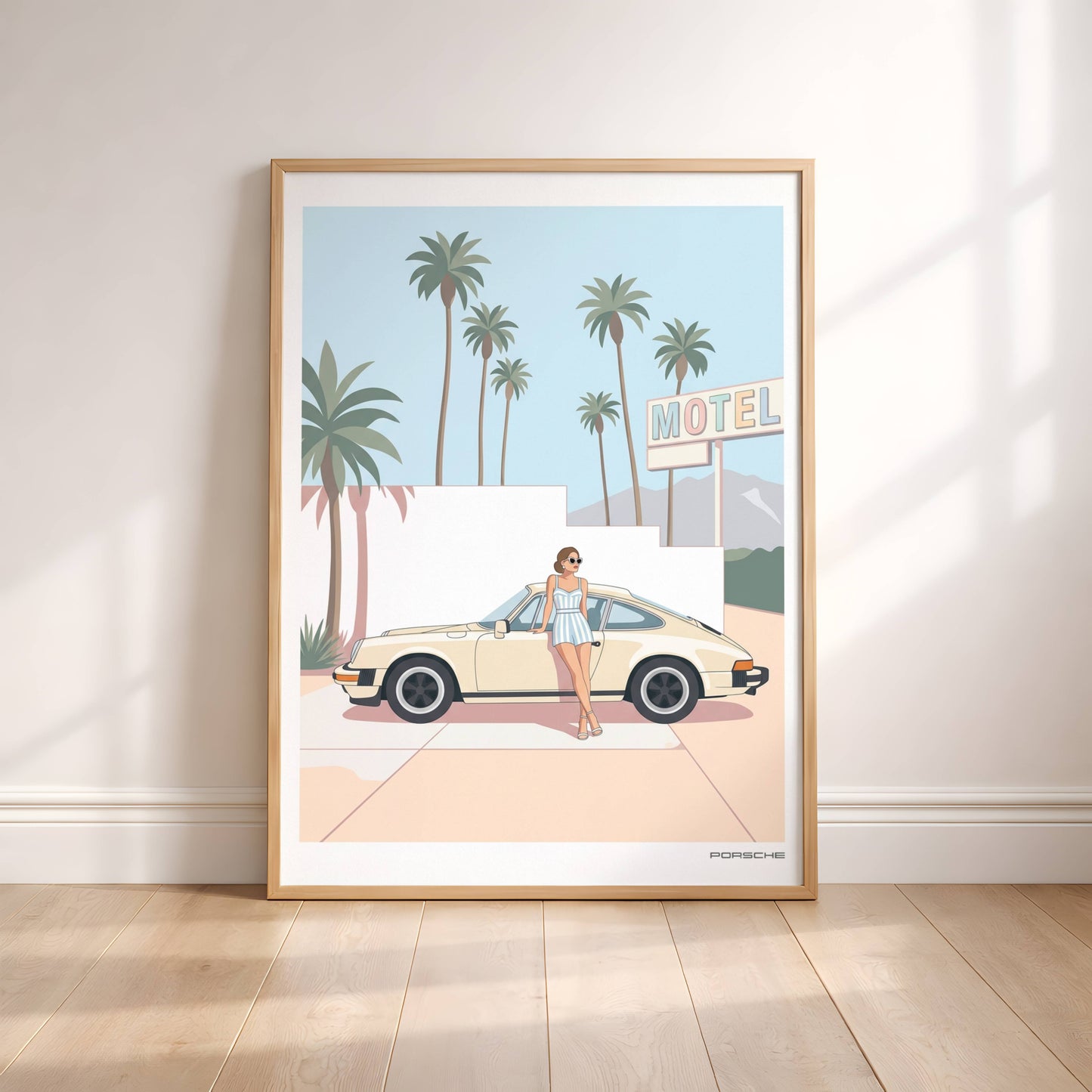 Affiche Porsche Vintage devant Motel Rétro – Californian Dream & Lifestyle Estival | Poster Automobile Chic