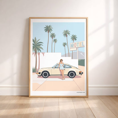Affiche Porsche Vintage devant Motel Rétro – Californian Dream & Lifestyle Estival | Poster Automobile Chic