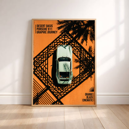 Affiche Porsche 911 Vue Aérienne Vintage – Design Graphique Orange & Noir | Poster Automobile Rétro Premium