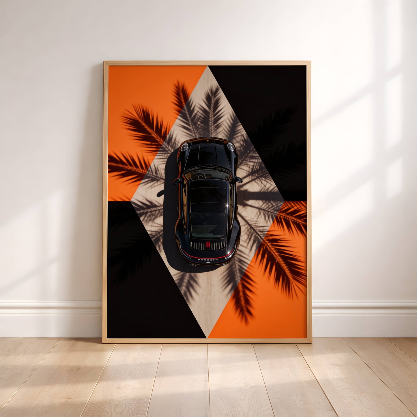 Affiche Porsche Vue Aérienne – Design Graphique Moderne & Ombres de Palmiers | Poster Automobile Premium