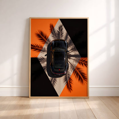 Affiche Porsche Vue Aérienne – Design Graphique Moderne & Ombres de Palmiers | Poster Automobile Premium