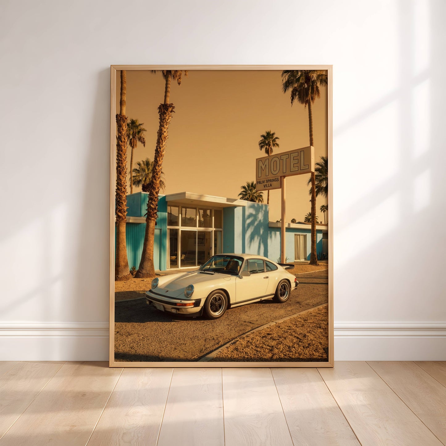 Affiche Porsche 911 devant Motel Vintage – Esprit Road Trip Américain & Architecture Mid-Century | Poster Automobile Rétro
