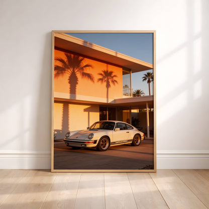 Affiche Porsche Classique devant Villa Moderniste – Architecture de Luxe & Design Rétro | Poster Automobile Premium