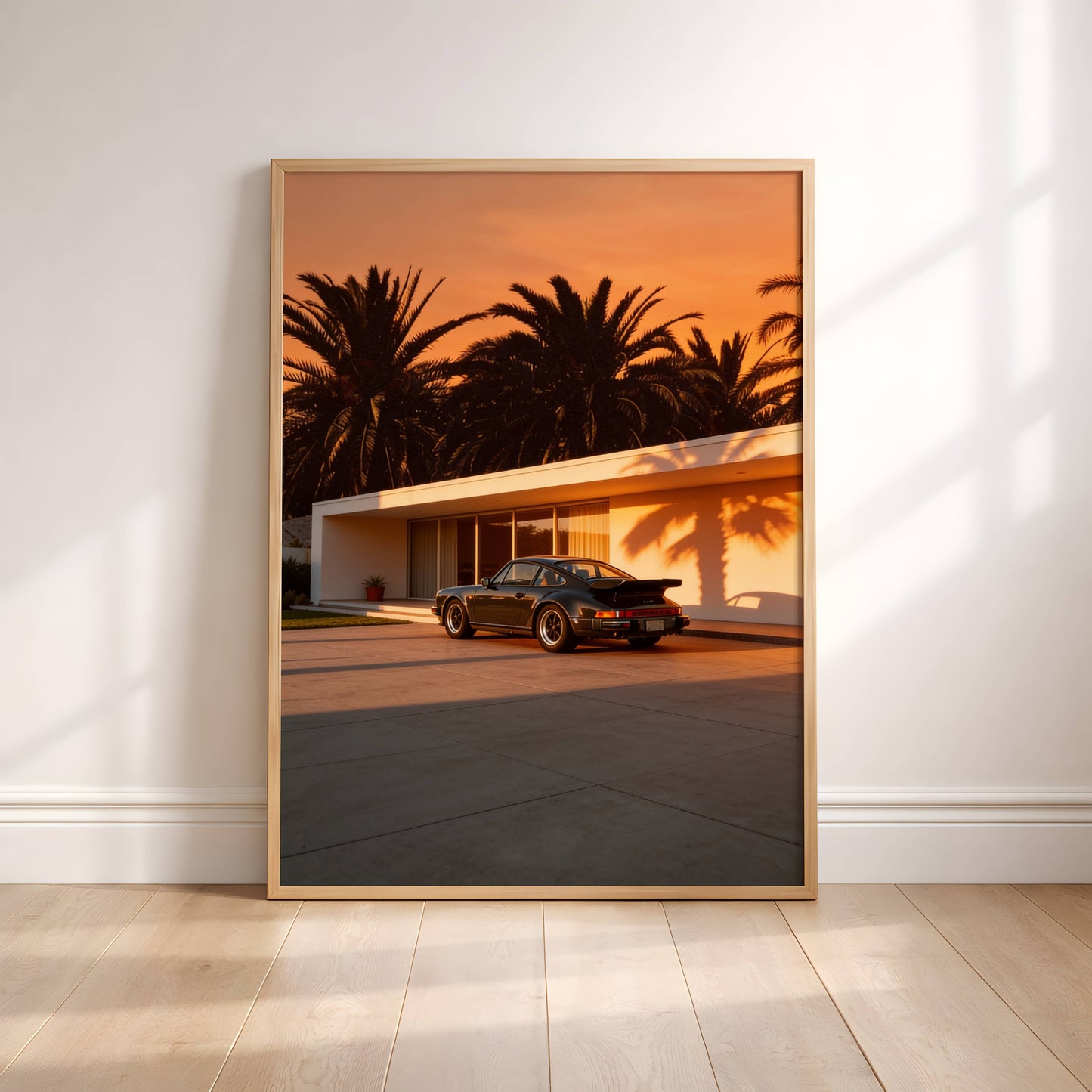 Affiche Porsche 911 au Sunset – Ambiance Cinématographique & Palmiers Tropicaux | Poster Automobile Vintage