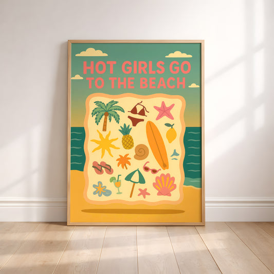 Hot Girls Go To The Beach Poster, Vintage Beach Wall Art, Retro Summer Print, Coastal Decor, Tropical Vacation Artwork