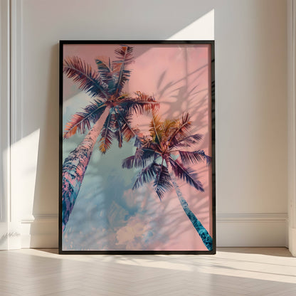 Affiche Palmiers Tropicaux Rose et Bleu – Ambiance Sunset Tropicale | Poster sur Papier Mat