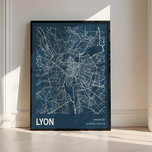 Affiche Blueprint City Map Vintage Lyon – Poster Carte Urbaine Minimaliste sur Papier Mat
