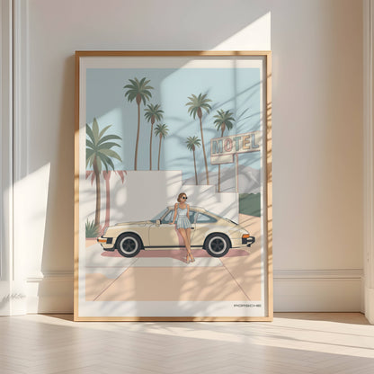 Affiche Porsche Vintage devant Motel Rétro – Californian Dream & Lifestyle Estival | Poster Automobile Chic