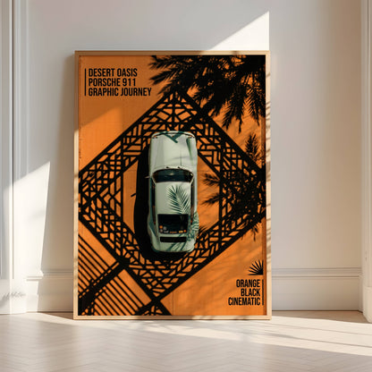 Affiche Porsche 911 Vue Aérienne Vintage – Design Graphique Orange & Noir | Poster Automobile Rétro Premium