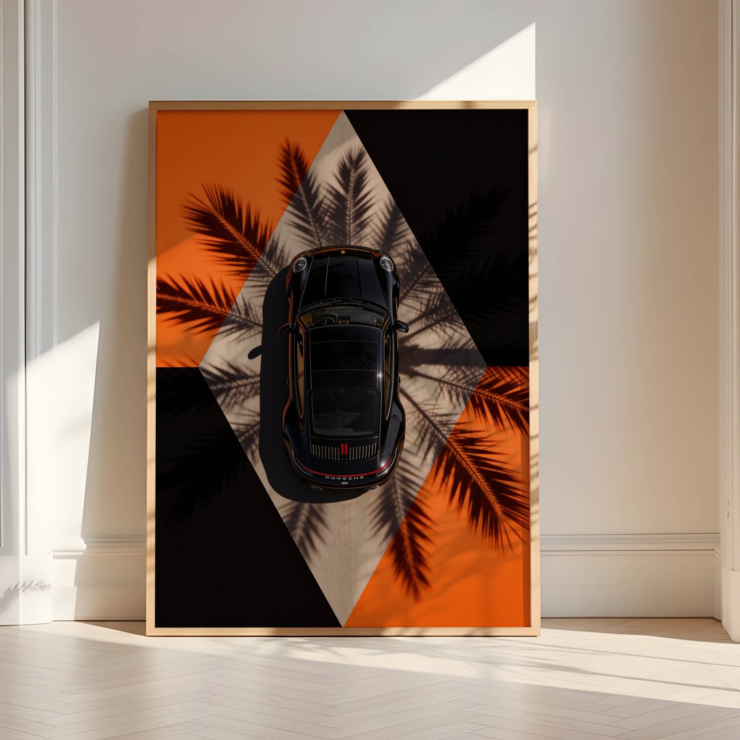 Affiche Porsche Vue Aérienne – Design Graphique Moderne & Ombres de Palmiers | Poster Automobile Premium