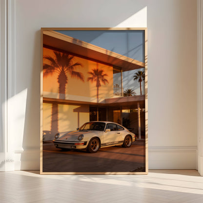 Affiche Porsche Classique devant Villa Moderniste – Architecture de Luxe & Design Rétro | Poster Automobile Premium